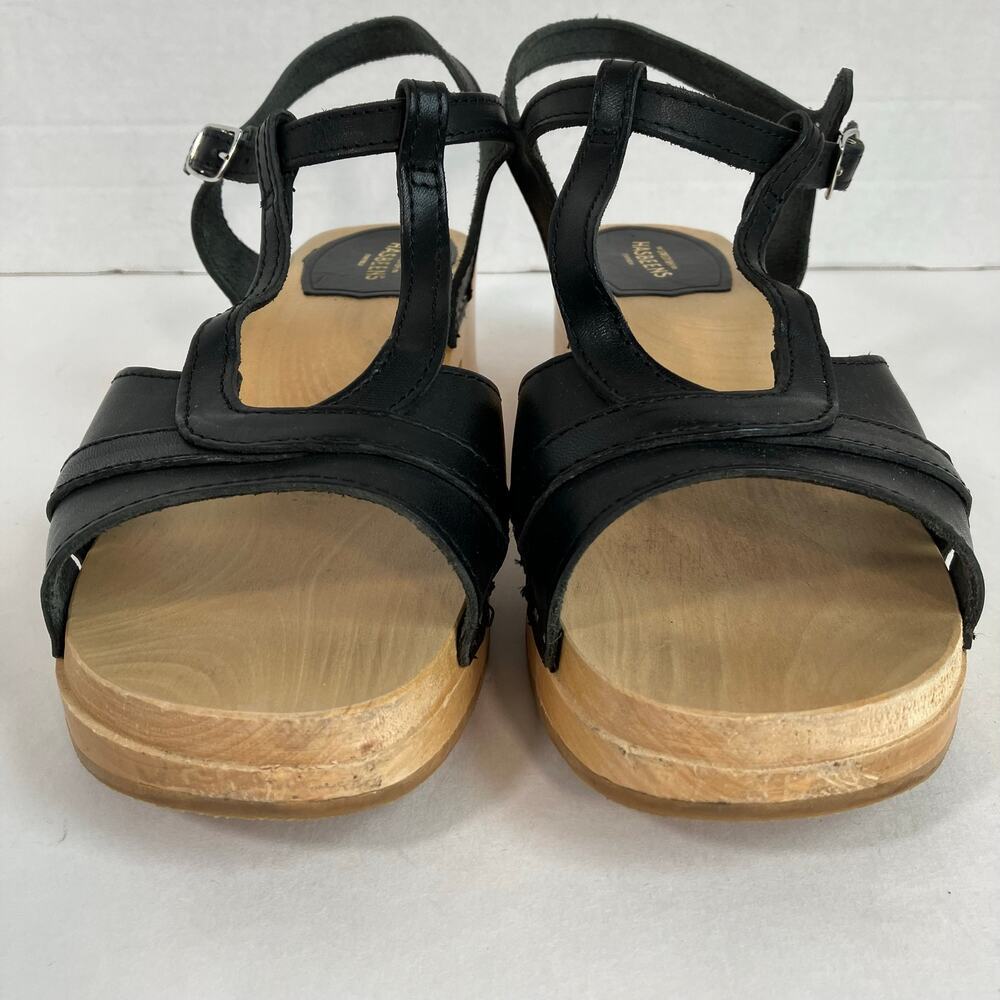 Swedish Hasbeens Ulla Low Sandals Size US 11 EU 41 Black Leather Wood Platform - Picture 3 of 16